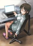  1girl ahoge akizuki_ritsuko alternate_hairstyle antenna_hair brown_eyes brown_hair computer dan_(orange_train) glasses idolmaster laptop long_hair looking_back office_chair sitting slippers solo 