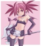 bad_id bat_wings belt black_legwear blush demon_girl demon_tail disgaea earrings elbow_gloves etna flat_chest gloves hasu_(hk_works) holding_own_tail holding_tail jewelry loli midriff miniskirt navel pointy_ears red_eyes red_hair redhead skirt solo tail thigh-highs thighhighs weapon wings