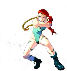  blue_eyes boots braid cammy_white capcom fingerless_gloves gloves leotard long_hair street_fighter street_fighter_ii takemaru08 twin_braids 