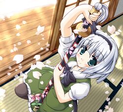  from_above hairband highres hiiragi_tomoka katana konpaku_youmu looking_at_viewer petals short_hair silver_hair smile sword tatami touhou veranda weapon 