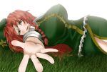  bow braid breasts china_dress chinese_clothes grass green_eyes hair_bow hands hat hong_meiling koshibata_zekuu large_breasts long_hair looking_at_viewer lying outstretched_arm outstretched_hand pov reaching red_hair redhead solo touhou 