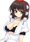  bra breasts brown_hair cleavage hat lingerie red_eyes shameimaru_aya short_hair solo takadoya tokin_hat touhou underwear 