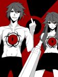  1girl ann606 arm_cannon dual_persona genderswap grin hair_over_breasts middle_finger monochrome red_background red_eyes reiuji_utsuho shirtless smile spot_color tegaki topless touhou weapon 