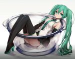  1girl boots detached_sleeves green_eyes green_hair hatsune_miku high_heels in_container long_hair looking_at_viewer minigirl necktie revision sitting skirt solo thigh-highs thigh_boots twintails very_long_hair vocaloid zen_o 