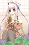  esuurya food itsuka_todoku_ano_sora_ni long_hair pantyhose purple_eyes ribbon sitting violet_eyes white_hair 