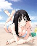   barefoot beach bikini black_hair blush cleavage clouds drink erect_nipples grey_eyes jpeg_artifacts legs_up lying on_stomach outdoors sky smile soles solo swimsuit taka_tony white_bikini  