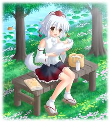  baby baby_bottle bad_id book bottle detached_sleeves geta hat inubashiri_momiji pyonta short_hair tail tokin_hat touhou tsukikage_(artist) white_hair wolf_ears wolf_tail yellow_eyes 