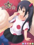  arm_support black_hair blue_pantyhose blush brown_eyes food fruit hair_bobbles hair_ornament highres holding holding_fruit k-on! latex licking listen!! long_hair nakano_azusa pantyhose polka_dot side_ponytail sitting solo star strawberry tongue 