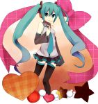  aqua_hair bad_id bare_shoulders bow detached_sleeves hand_on_chest hand_on_own_chest hatsune_miku heart highres legs long_hair looking_at_viewer necktie ribbon skirt star thigh-highs thighhighs twintails very_long_hair vocaloid yuyupo zettai_ryouiki 
