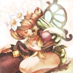  braid chain chains closed_eyes fairy flower hair_flower hair_ornament hand_on_another's_face hand_on_face hat hat_feather ingway lap_pillow lying mercedes odin_sphere pointy_ears tamachi_kuwa wings 