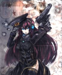  bad_id belt black_legwear black_thighhighs blue_eyes breasts cocked_hammer communism gloves glowing glowing_eyes gun hammer_and_sickle hat headset highres large_breasts long_hair megurine_luka military military_uniform pantsaa panzer peaked_cap pink_hair russian shoulder_stock side_slit solo soviet star stechkin_aps strap thigh-highs thighhighs translated trigger_discipline uniform vocaloid weapon 