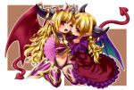  2girls ;p blonde_hair demon_wings fan fang highres horns lilith_(p&amp;d) multiple_girls navel pointy_ears puzzle_&amp;_dragons red_eyes tail tongue wings wink 
