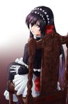  black_hair bow chair chicken_on_rice coyote_ragtime_show dress gloves gothic_lolita hair_bow hair_ribbon lolita_fashion long_hair looking_back red_eyes ribbon sitting solo 