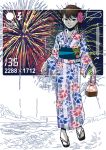  bag brown_hair camera fireworks flower hair_flower hair_ornament heco heco_(rina) japanese_clothes kimono original sandals short_hair solo standing viewfinder 