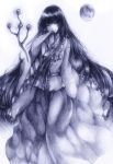  azure_starblue bad_id branch full_moon graphite_(medium) hand_over_mouth houraisan_kaguya jeweled_branch_of_hourai jpeg_artifacts long_hair looking_at_viewer monochrome moon sleeves_past_wrists smirk solo touhou traditional_media very_long_hair 