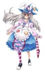  apron artist_request bad_id bow bunny_ears destroyersagiri hat irisu_kyouko irisu_syndrome long_hair rabbit_ears red_eyes shoes simple_background single_sock sneakers socks solo stitches striped striped_socks white_hair witch_hat 