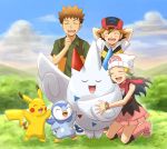  1girl 2boys boots brown_hair closed_eyes hat hikari_(pokemon) kiropin long_hair multiple_boys pikachu piplup pokemon pokemon_(anime) pokemon_(creature) poketch satoshi_(pokemon) skirt takeshi_(pokemon) takeshi_(pokemon)_(dp) togekiss watch wristwatch 