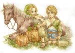  blue_eyes dual_persona earrings epona hat horse jewelry link nintendo pointy_ears pumpkin smile the_legend_of_zelda young_link 