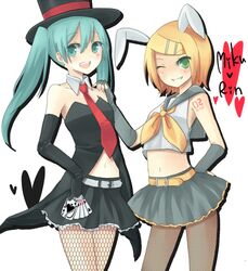  animal_ears aqua_eyes aqua_hair bad_id blonde_hair bunny_ears card cards elbow_gloves fingerless_gloves fishnets gloves green_eyes hat hatsune_miku holding holding_card kagamine_rin long_hair midriff multiple_girls navel necktie pantyhose rabbit_ears short_hair simple_background skirt top_hat twintails vocaloid wadaka wink 