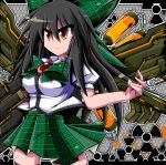  arm_cannon black_hair bow breasts brown_eyes hair_bow honehone large_breasts long_hair mechanical_wings reiuji_utsuho skirt solo touhou weapon wings 