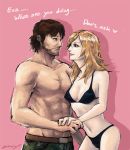  1boy 1girl beard big_boss bikini black_bra black_panties blonde_hair blue_eyes bra brown_hair couple dmax english eva facial_hair female headband konami long_hair male metal_gear metal_gear_solid metal_gear_solid_3 naked_snake panties pink_background shirtless short_hair swimsuit 