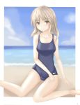  bad_id beach blonde_hair brown_eyes fiction_(artist) highres one-piece_swimsuit original school_swimsuit solo swimsuit 