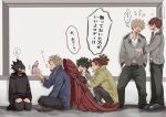  absurdres arguing bakugou_katsuki barururunru bird black_clothes blonde_hair boku_no_hero_academia brown_hair examination feathered_wings green_hair hawks_(boku_no_hero_academia) highres midoriya_izuku mutation red_feathers redhead rody_soul todoroki_shouto tokoyami_fumikage uniform wings 