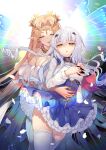  2girls :d absurdres aurora_(fate) bangs bare_shoulders blonde_hair blood blood_on_face blood_on_hands blue_skirt braid breasts butterfly_wings closed_eyes fairy_knight_lancelot_(fate) fate/grand_order fate_(series) fingernails flower frilled_skirt frills hair_flower hair_ornament hairclip headpiece highres long_hair long_sleeves may_(2747513627) medium_breasts multiple_girls open_mouth parted_bangs parted_lips petals pleated_skirt pointy_ears puffy_long_sleeves puffy_sleeves sharp_fingernails shirt skirt smile thigh-highs very_long_hair white_hair white_legwear white_shirt wings yellow_flower 