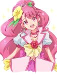  1girl :d choker commentary_request cure_grace dress earrings eyelashes flower fpminnie1 hair_bun hair_flower hair_ornament hanadera_nodoka healin&#039;_good_precure heart heart_hair_ornament highres jewelry leaf_earrings long_hair looking_at_viewer magical_girl open_mouth pink_choker pink_eyes pink_hair pink_theme precure puffy_short_sleeves puffy_sleeves short_sleeves simple_background sketch smile solo upper_body white_background 