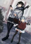  2girls absurdres assault_rifle black_legwear cellphone christmas_tree dutch_angle girls_frontline gun h&amp;k_hk416 highres hk416_(girls&#039;_frontline) holding holding_phone kilabo multiple_girls pantyhose phone rifle rifle_on_back smartphone submachine_gun thigh-highs type_100 type_100_(girls&#039;_frontline) weapon younger 