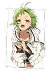  1girl absurdres ahoge blush collarbone drawstring elf genoge_322 green_hair grey_jacket grey_shirt half-closed_eyes hands_up highres jacket leaning_forward long_sleeves looking_at_viewer mushoku_tensei open_mouth outside_border petals pointy_ears red_eyes shirt shorts smile solo sylphiette_(mushoku_tensei) white_background wind 