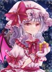  1girl bangs bat_wings black_background bow bowtie closed_mouth frilled_hat frills gift hat hat_bow holding holding_gift jaku_sono looking_at_viewer medium_hair mob_cap pink_headwear pink_shirt purple_hair red_bow red_bowtie red_eyes remilia_scarlet shirt smile snowflakes snowing solo touhou upper_body wings wrist_cuffs 