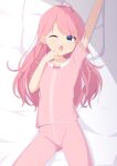  1girl absurdres ahoge arm_up bed blue_eyes hand_to_own_mouth highres hololive kaneko14 legs_apart long_hair lying on_back one_eye_closed open_mouth pajamas pants pillow pink_hair pink_pajamas pink_pants pink_shirt sakura_miko shirt short_sleeves sleepy solo stretch yawning 