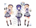  3girls beret black_footwear black_headwear black_legwear blonde_hair blue_eyes blue_hair blush buttons collared_shirt drink fuiba_fuyu full_body gochuumon_wa_usagi_desu_ka? hair_between_eyes hat holding holding_drink holding_tray jinja_eru jinja_natsume kneehighs koi_(koisan) loafers long_hair looking_at_viewer multiple_girls official_art open_mouth pantyhose shirt shoes short_hair short_sleeves smile tray violet_eyes white_shirt 