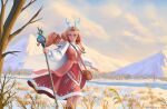  1girl antlers bag blue_eyes blush branch clouds dress frankieonaquest handbag highres long_hair looking_at_viewer mountain original scenery signature sky smile snow solo standing tree winter 