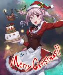  1girl antlers apron badge cake capelet cowboy_shot crab dress fake_antlers food fur-trimmed_headwear fur_trim hair_bobbles hair_ornament hat highres kantai_collection looking_at_viewer merry_christmas official_alternate_costume pink_eyes pink_hair rabbit red_capelet red_dress red_headwear reindeer_antlers santa_hat sazanami_(kancolle) school_uniform serafuku short_hair solo sugamo_(rainysnowy108) twintails waist_apron white_apron 