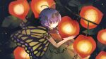  1girl antennae aqua_hair butterfly_wings dress eternity_larva eyebrows_visible_through_hair fairy food fruit green_dress hair_between_eyes highres katsuragi_atori leaf leaf_on_head multicolored_clothes multicolored_dress parted_lips short_hair short_sleeves single_strap solo touhou wings yellow_eyes 
