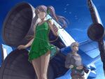  1boy 1girl bare_shoulders blue_eyes blue_sky brown_eyes brown_hair camera camisole commentary_request day digital_media_player dress earphones earphones glasses green_dress hair_ribbon long_hair original outdoors ribbon silver_hair sky space_craft tantaka thrusters twintails 