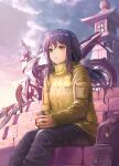  1girl ahoge bag breath clouds coat day green_eyes ground_vehicle hair_between_eyes highres holding long_hair long_sleeves looking_at_viewer motor_vehicle motorcycle original outdoors pants parted_lips purple_hair sitting sky solo tantaka winter 