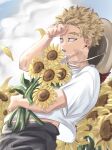  barururunru blonde_hair boku_no_hero_academia clouds cloudy_sky earrings eyeliner feathered_wings field flower flower_field from_side hat_around_neck hawks_(boku_no_hero_academia) jewelry looking_ahead makeup messy_hair midriff_peek red_feathers scar scar_on_neck shirt short_sleeves sky stud_earrings sunflower sweat white_shirt wings 