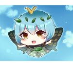  1girl antennae aqua_hair blush butterfly_wings chibi dress eternity_larva eyebrows_visible_through_hair fairy green_dress hair_between_eyes highres leaf leaf_on_head multicolored_clothes multicolored_dress open_mouth outstretched_arms short_hair short_sleeves single_strap smile solo spread_arms subaru_(subachoco) touhou wings yellow_eyes 