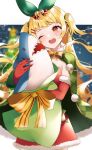  1girl absurdres azur_lane bell blonde_hair blurry blurry_background cape christmas christmas_tree commission doll_hug dress fur-trimmed_cape fur-trimmed_gloves fur_trim gift gift_bag gloves green_cape green_ribbon hair_bell hair_ornament hairclip happy highres jenkins_(azur_lane) jenkins_(light_of_the_holiest_star)_(azur_lane) long_hair object_hug one_eye_closed red_dress red_eyes red_gloves ribbon shark skeb_commission snow solo strapless strapless_dress stuffed_toy twintails wavy_hair yamaha_tsui yellow_ribbon 