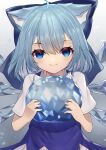  1girl :3 absurdres ahoge animal_ears blue_dress blue_eyes blue_hair cat_ears cirno dress gradient gradient_background highres hinata_(user_rjkt4745) holding ice ice_wings kemonomimi_mode looking_at_viewer short_hair simple_background smile solo touhou wings 