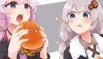  2girls black_jacket blue_eyes blush braid burger commentary dress eating envy flag food food_on_face grey_hair hair_ornament highres holding holding_food jacket kizuna_akari long_hair looking_at_another misora_shiru multiple_girls open_mouth purple_dress purple_hair sparkle twin_braids upper_body violet_eyes vocaloid voiceroid yuzuki_yukari 