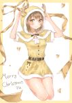  1girl absurdres antlers arms_up blush breasts brown_eyes brown_hair christmas costume dress highres hood looking_at_viewer merry_christmas nin_0502 original simple_background sitting small_breasts smile solo thighs 