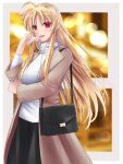  1girl :d bag bangs black_skirt blonde_hair border brown_coat coat eyebrows_visible_through_hair fate_testarossa hair_between_eyes handbag highres long_hair long_sleeves looking_at_viewer lyrical_nanoha mahou_shoujo_lyrical_nanoha mahou_shoujo_lyrical_nanoha_strikers open_clothes open_coat red_eyes shiny shiny_hair skirt smile solo sougetsu_izuki standing straight_hair sweater turtleneck turtleneck_sweater very_long_hair white_border white_sweater 