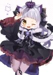  1girl ;d absurdres animal_ear_fluff animal_ears arm_up bangs black_bow black_capelet black_dress blush bow capelet cat_ears cat_girl cat_tail commentary crown dress fangs frilled_dress frilled_sleeves frills fur-trimmed_capelet fur_trim highres hololive long_hair long_sleeves looking_at_viewer murasaki_shion noi_mine one_eye_closed pantyhose short_eyebrows silver_hair skin_fangs smile solo tail tail_bow tail_ornament virtual_youtuber wide_sleeves yellow_eyes 