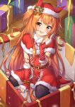  1girl :d absurdres arm_support bangs belt belt_buckle boots brown_eyes buckle christmas christmas_present detached_sleeves fingerless_gloves gift gloves highres index_finger_raised long_hair looking_at_viewer mayano_top_gun_(umamusume) orange_hair pizza_(artist) red_footwear santa_costume short_twintails sitting smile solo thigh-highs twintails umamusume very_long_hair wariza 