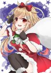  1girl black_legwear blonde_hair blush capelet christmas eiji_(monochromexd) eyebrows_visible_through_hair fur-trimmed_capelet fur_trim hair_flaps hair_ornament hairclip highres holding holding_sack kantai_collection long_hair open_mouth pom_pom_(clothes) red_capelet red_eyes remodel_(kantai_collection) sack santa_costume signature smile solo sparkle star_(symbol) teeth thigh-highs upper_teeth yuudachi_(kancolle) 