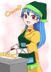  1girl absurdres apron arm_ribbon blue_hair cutting cutting_board dress green_apron green_headwear haniyasushin_keiki head_scarf highres kaisenpurin knife long_hair magatama magatama_necklace open_mouth red_eyes ribbon single_strap smile solo touhou yellow_dress 